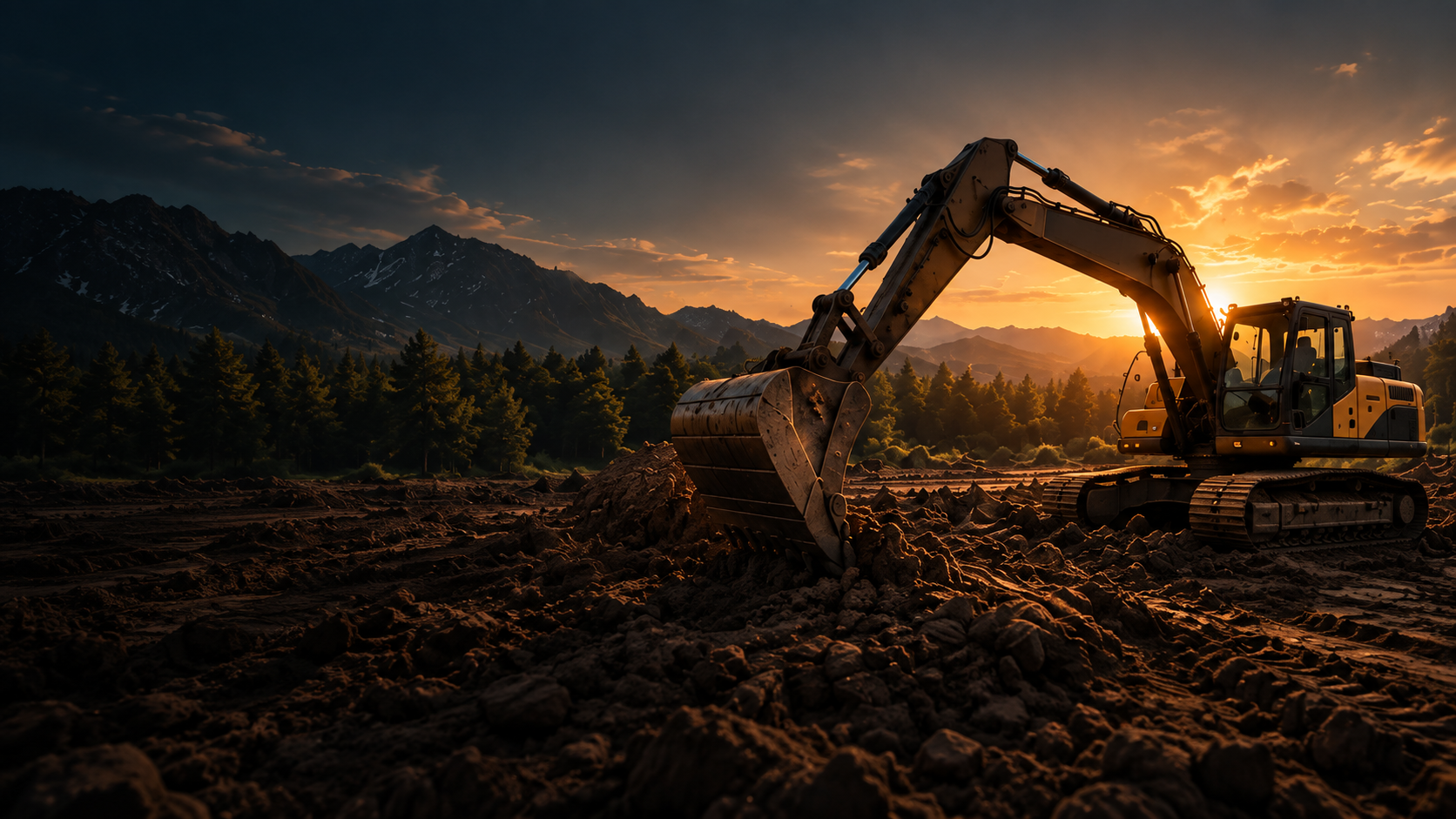 DeepCut excavator working on a mountain site at sunset