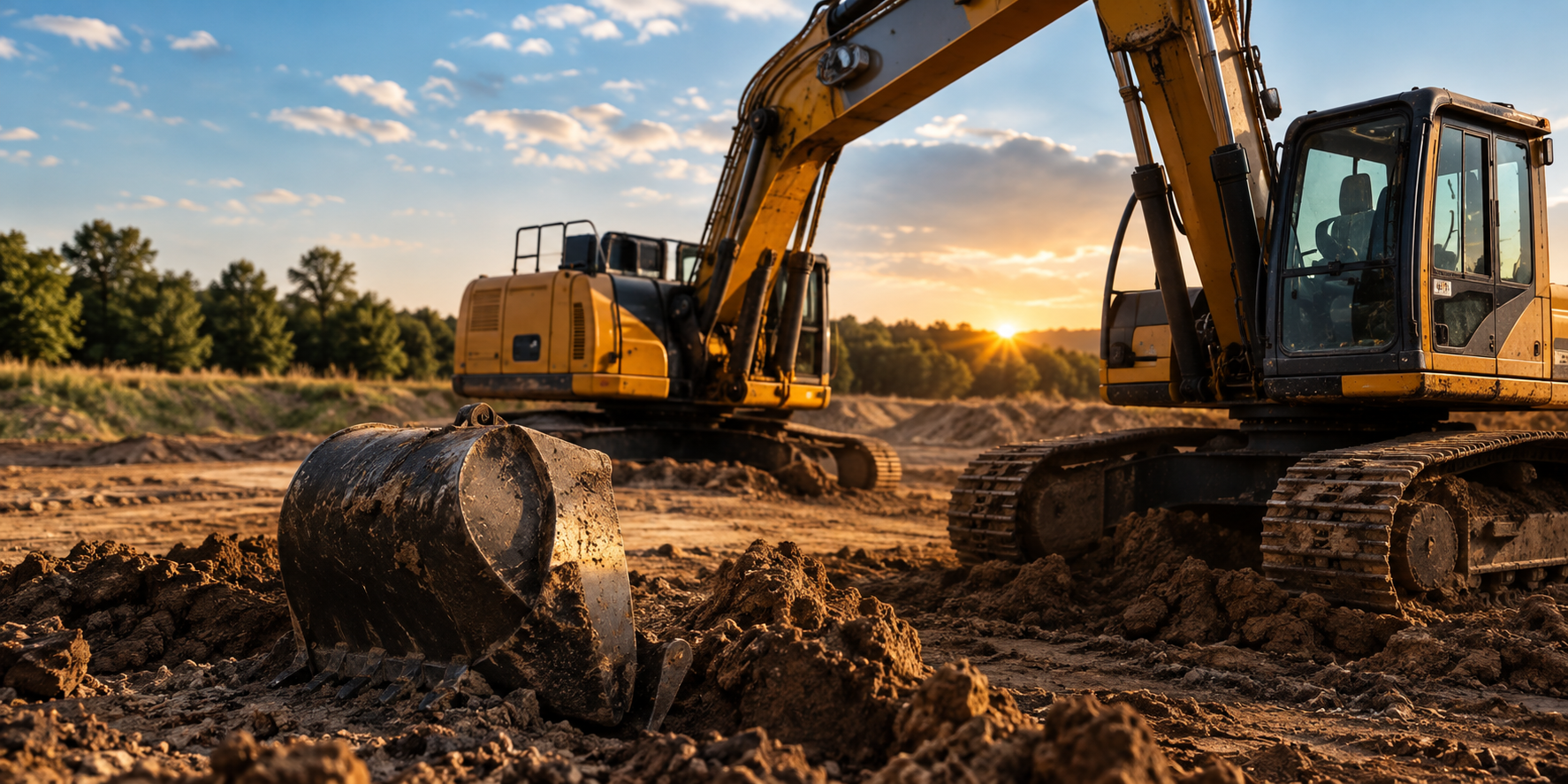 Excavator performing earthworks on a construction site